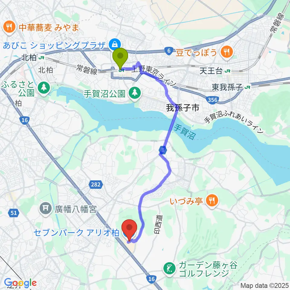 我孫子駅から島村楽器セブンパークアリオ柏店へのルートマップ Mdata