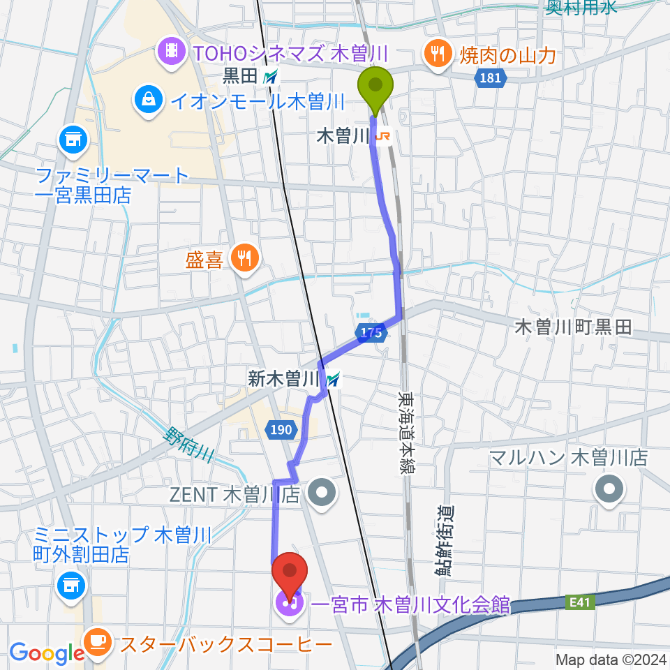 木曽川駅から一宮市木曽川文化会館 尾西信金ホールへのルートマップ地図