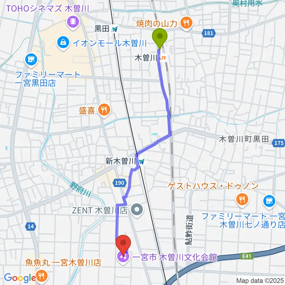 木曽川駅から一宮市木曽川文化会館 尾西信金ホールへのルートマップ地図