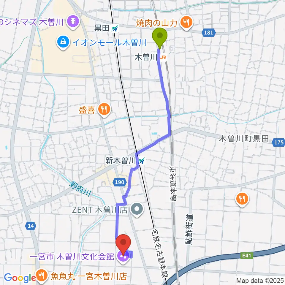 木曽川駅から一宮市木曽川文化会館 尾西信金ホールへのルートマップ地図
