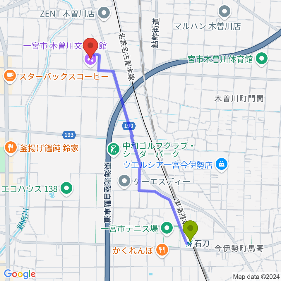 石刀駅から一宮市木曽川文化会館 尾西信金ホールへのルートマップ地図