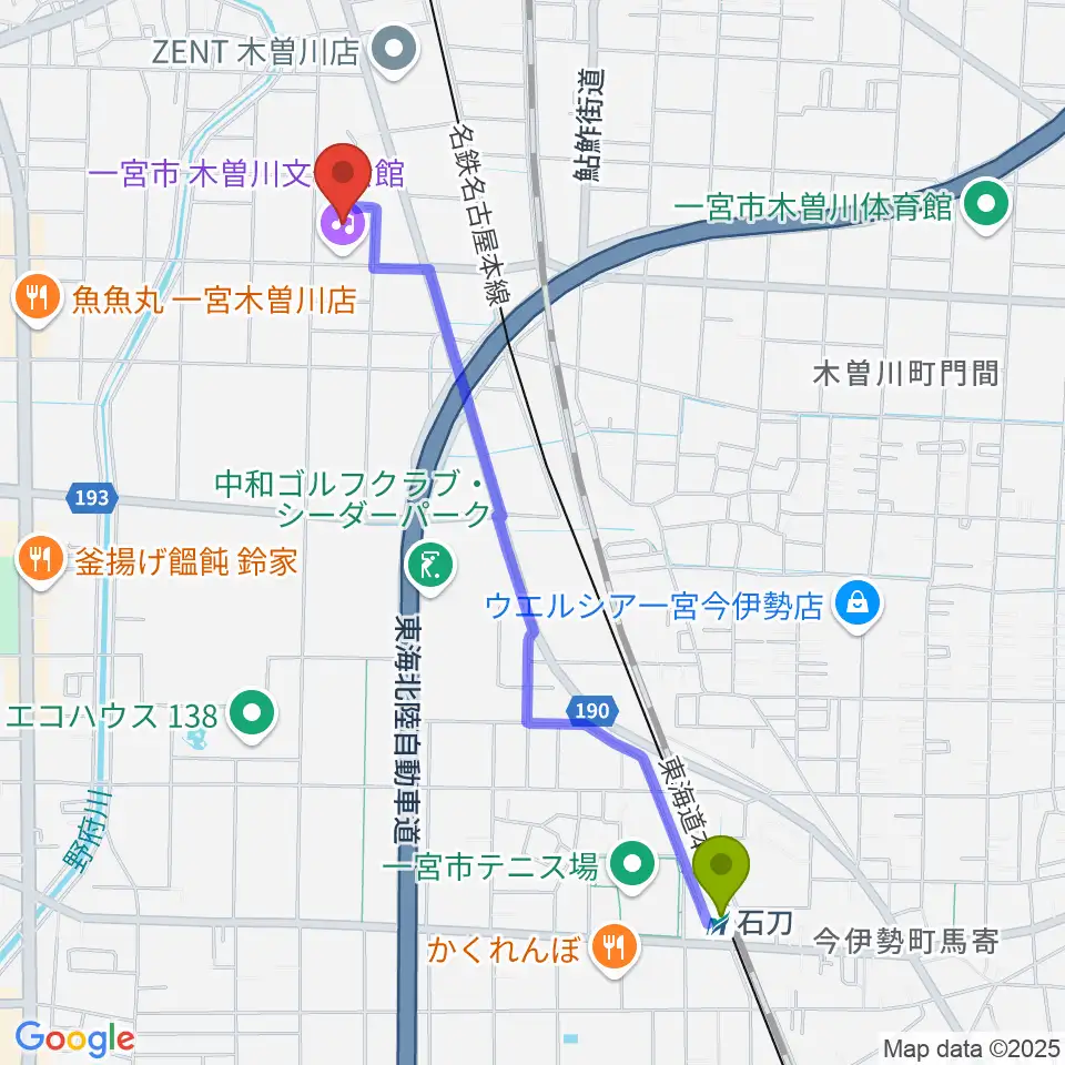 石刀駅から一宮市木曽川文化会館 尾西信金ホールへのルートマップ地図