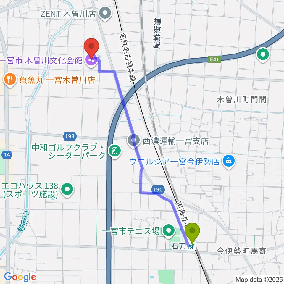 石刀駅から一宮市木曽川文化会館 尾西信金ホールへのルートマップ地図
