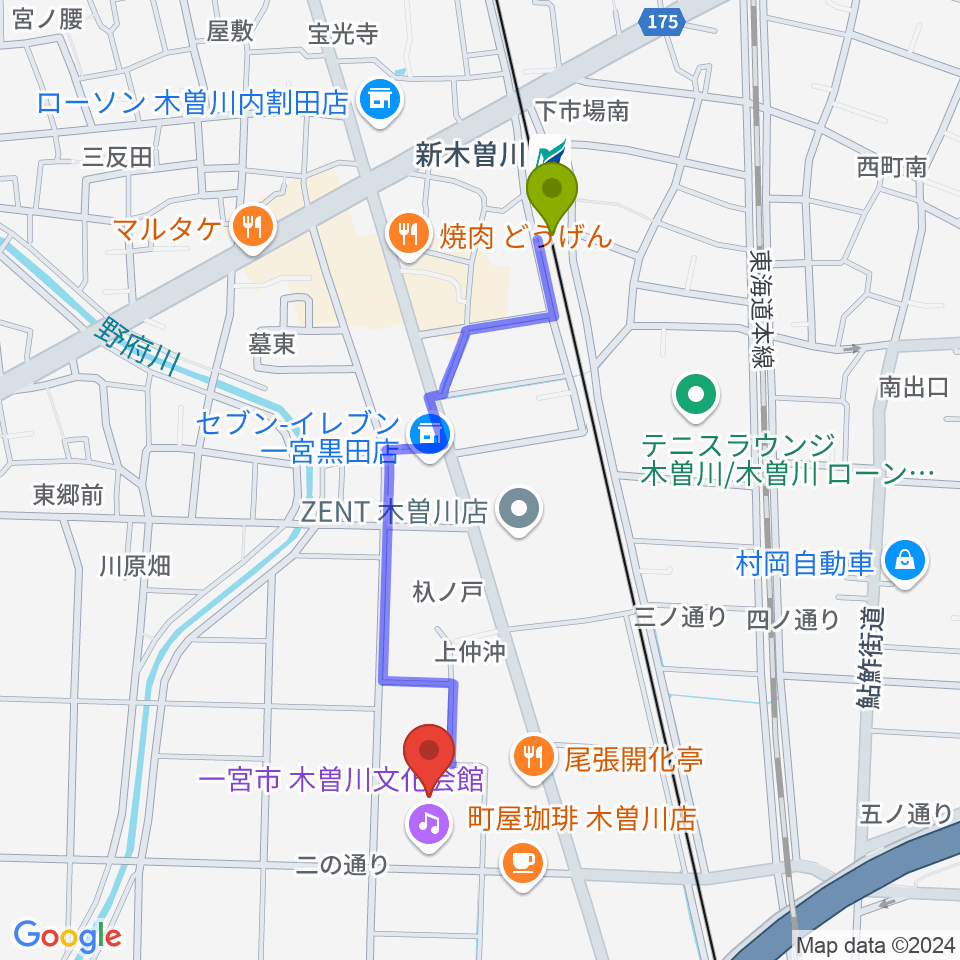 一宮市木曽川文化会館 尾西信金ホールの最寄駅新木曽川駅からの徒歩ルート（約9分）地図