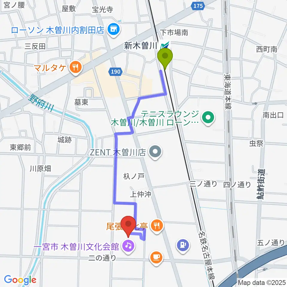 一宮市木曽川文化会館 尾西信金ホールの最寄駅新木曽川駅からの徒歩ルート（約9分）地図