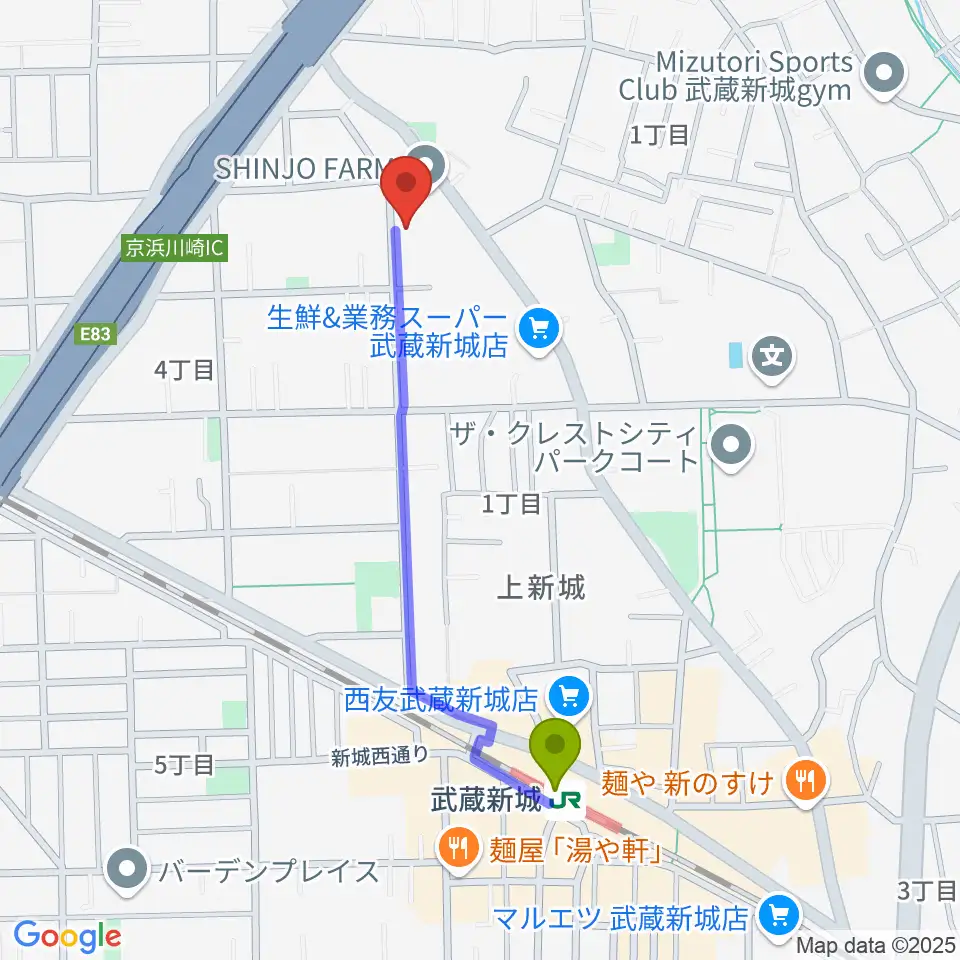 伊藤紀彦ギター教室の最寄駅武蔵新城駅からの徒歩ルート（約9分）地図