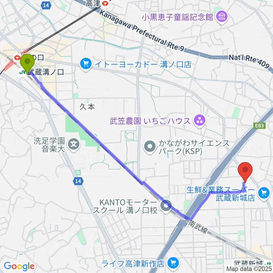 武蔵溝ノ口駅から伊藤紀彦ギター教室へのルートマップ地図