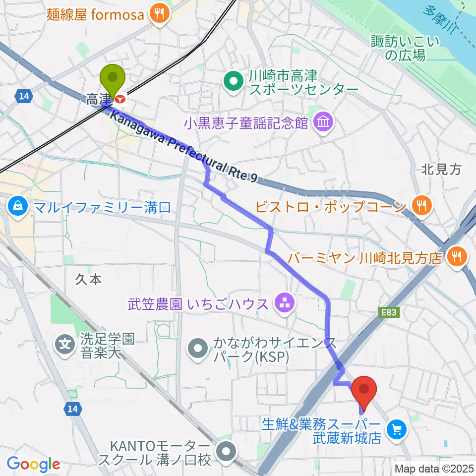 高津駅から伊藤紀彦ギター教室へのルートマップ地図