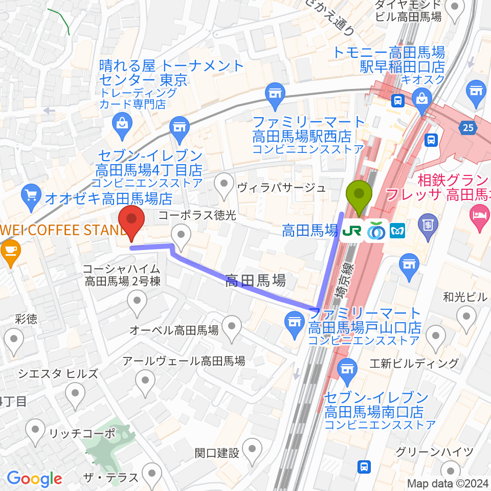 音部屋スクエアの最寄駅高田馬場駅からの徒歩ルート（約4分）地図