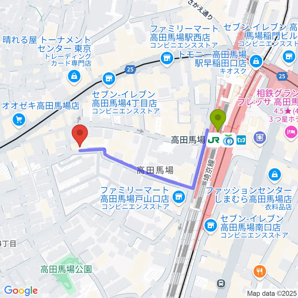 音部屋スクエアの最寄駅高田馬場駅からの徒歩ルート（約4分）地図