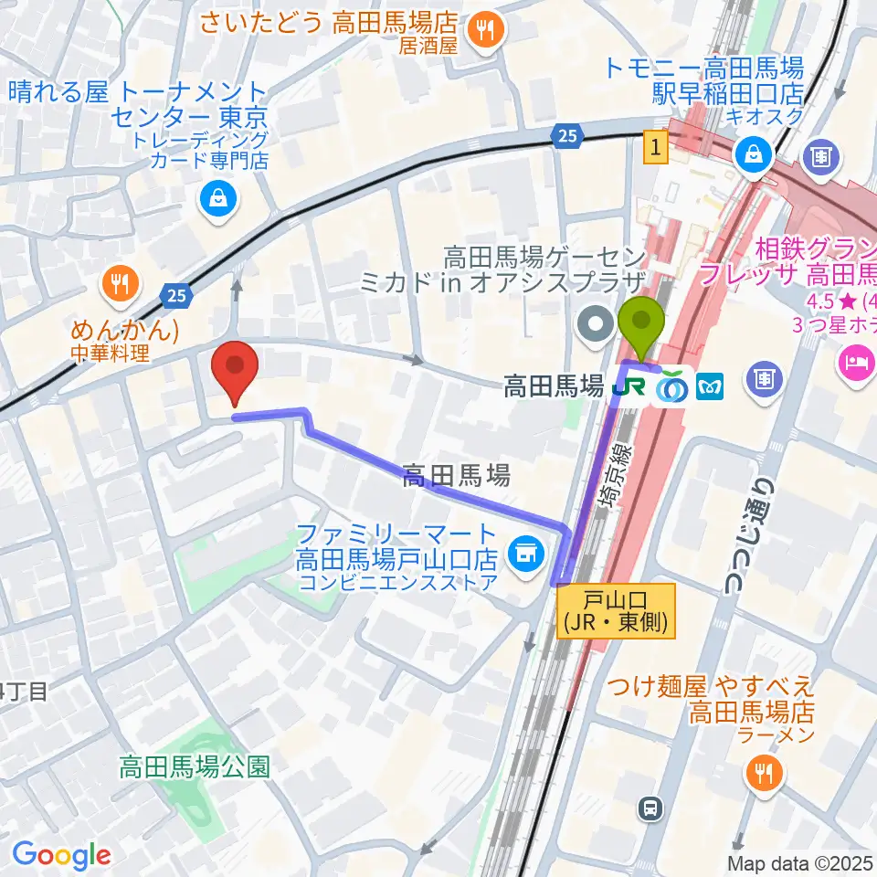 音部屋スクエアの最寄駅高田馬場駅からの徒歩ルート（約4分）地図