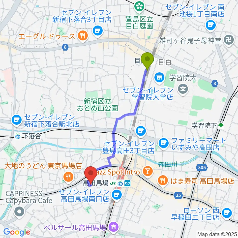 目白駅から音部屋スクエアへのルートマップ地図