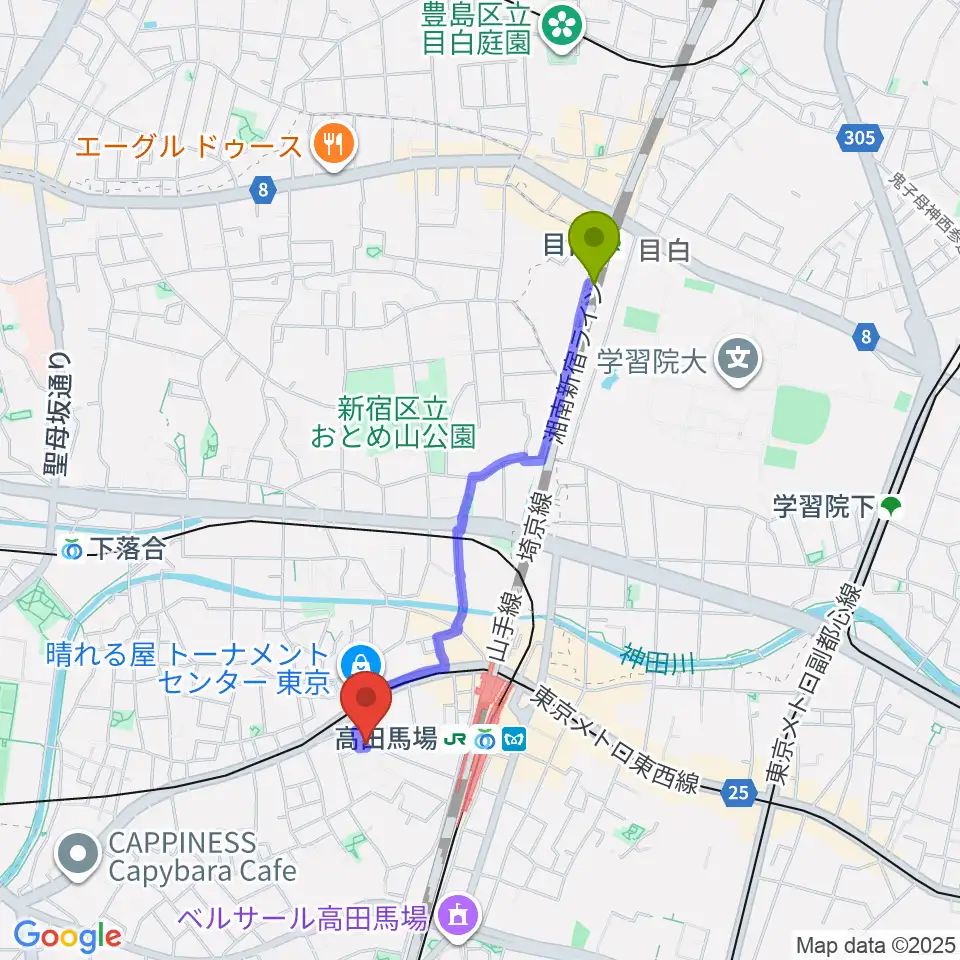 目白駅から音部屋スクエアへのルートマップ地図