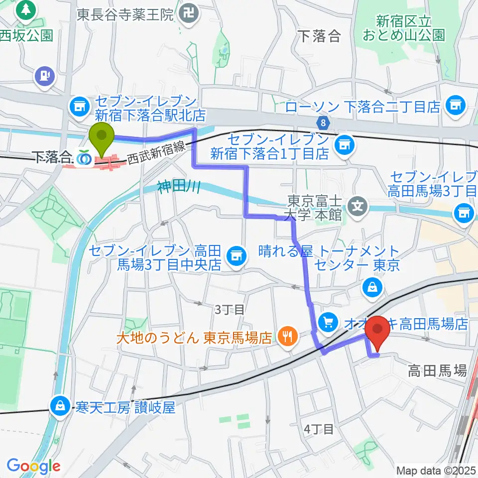 下落合駅から音部屋スクエアへのルートマップ地図