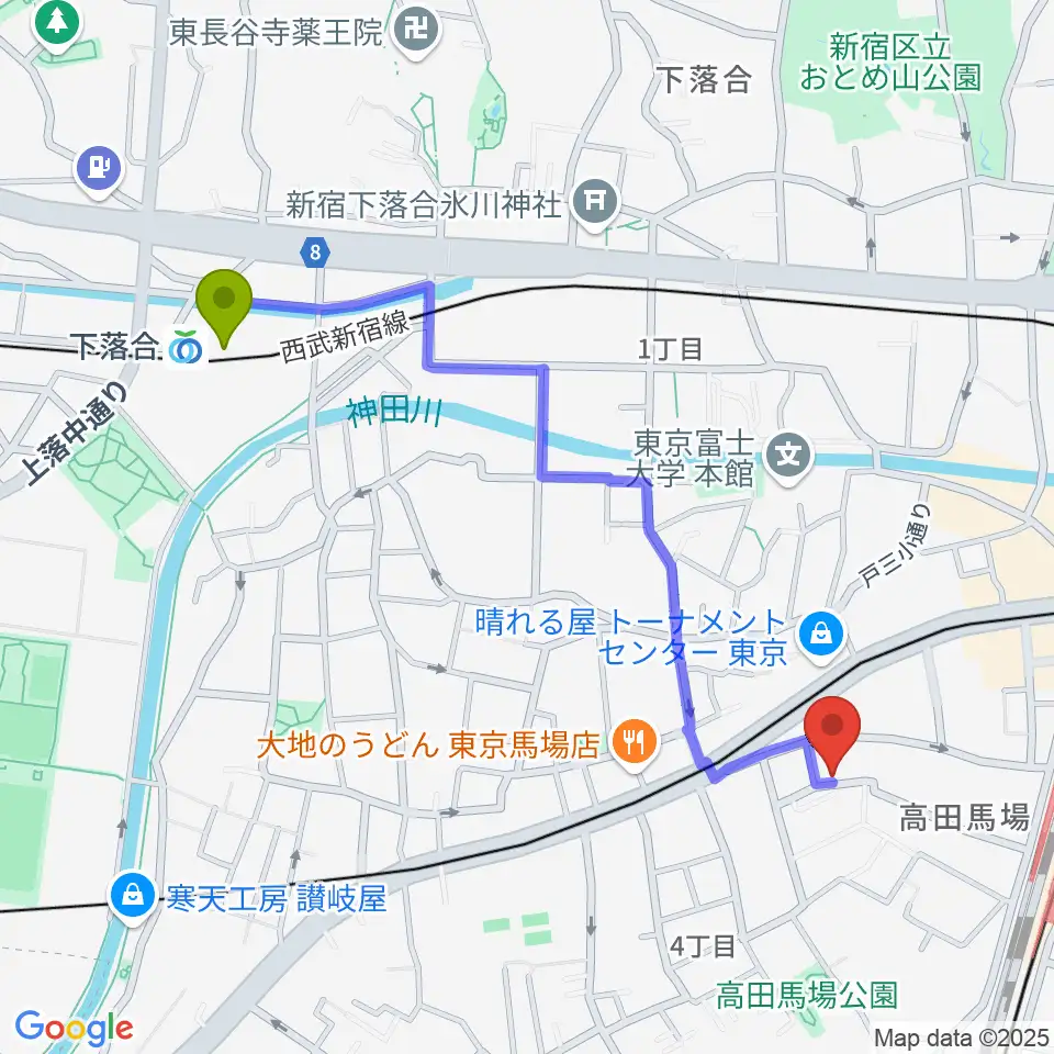 下落合駅から音部屋スクエアへのルートマップ地図