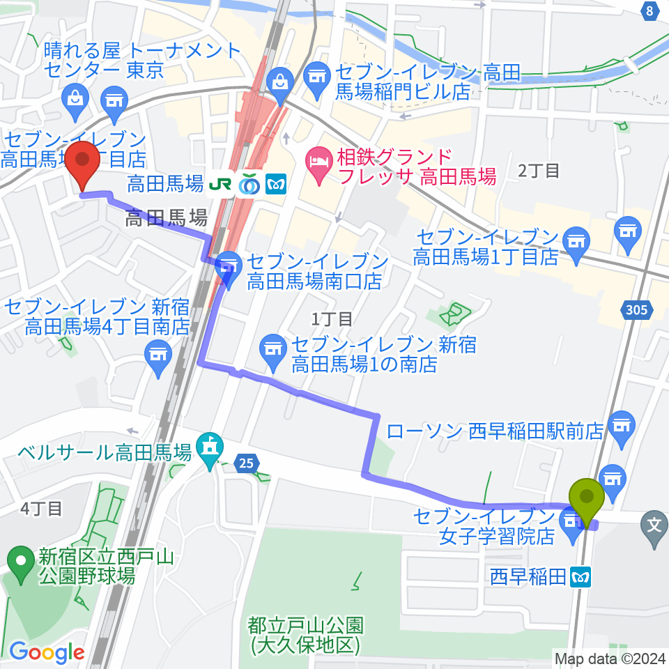 西早稲田駅から音部屋スクエアへのルートマップ地図