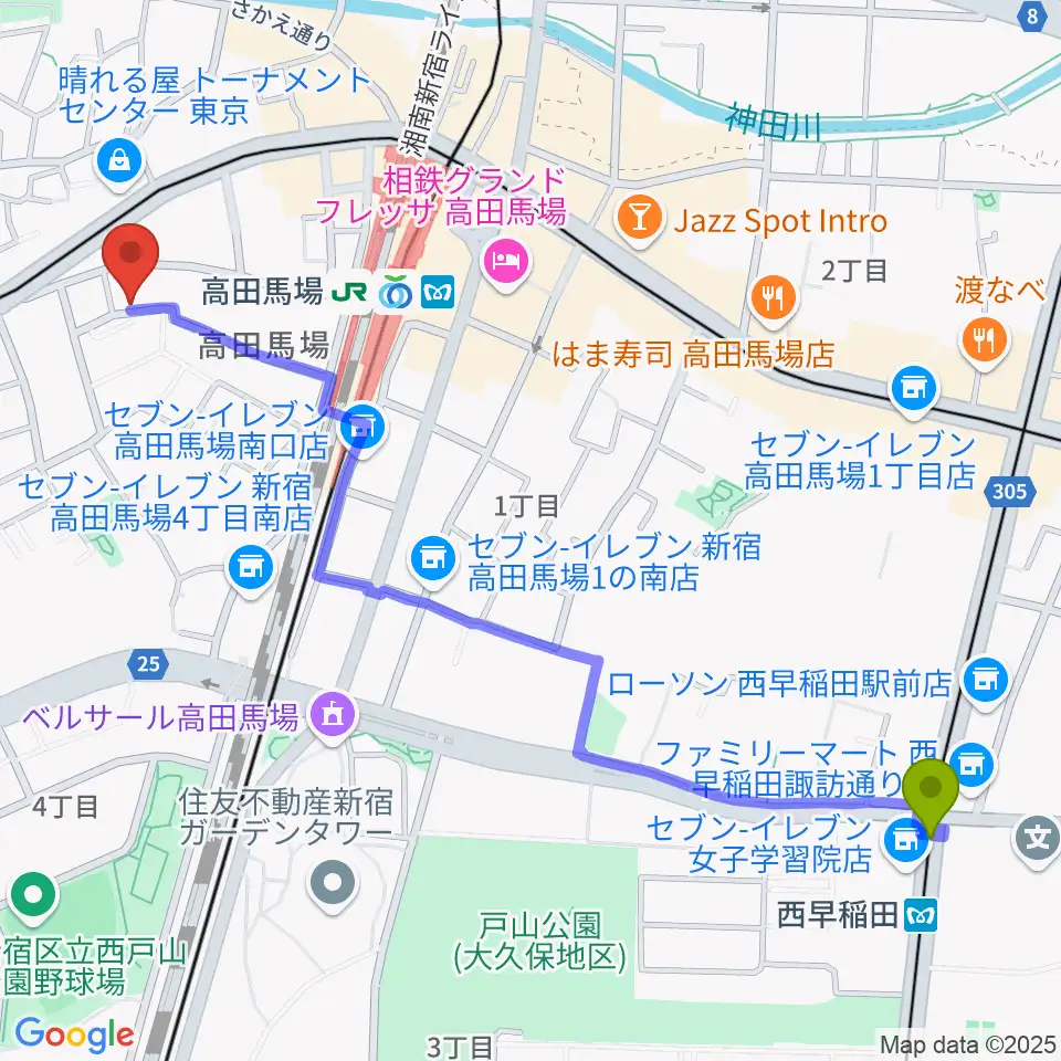 西早稲田駅から音部屋スクエアへのルートマップ地図