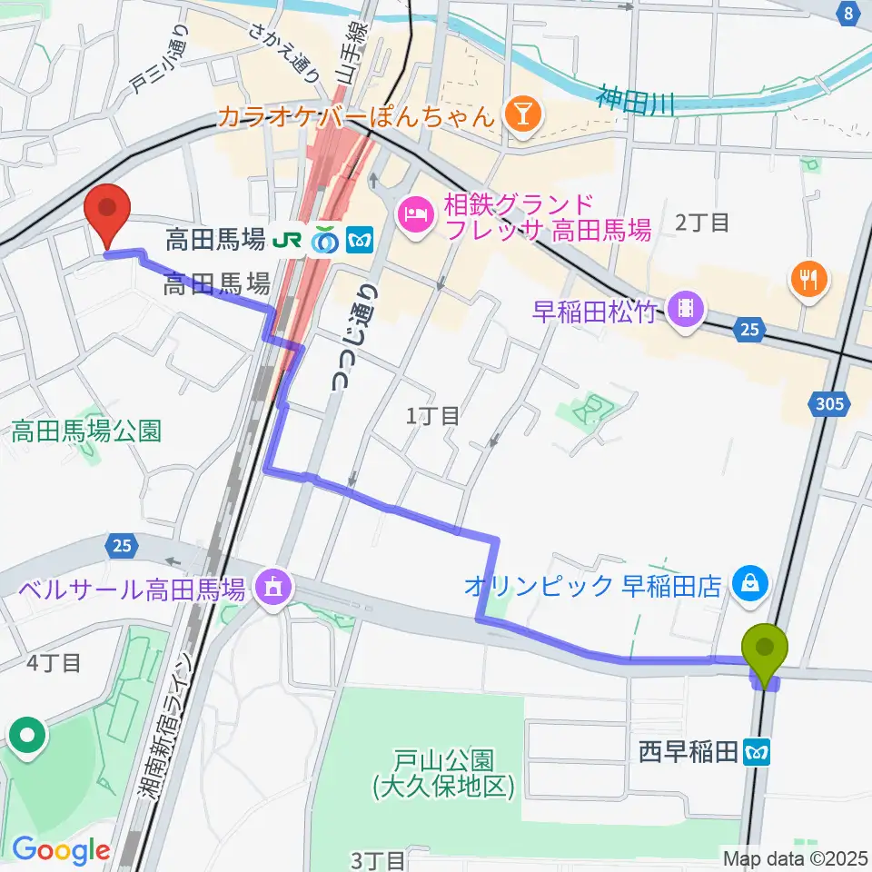 西早稲田駅から音部屋スクエアへのルートマップ地図