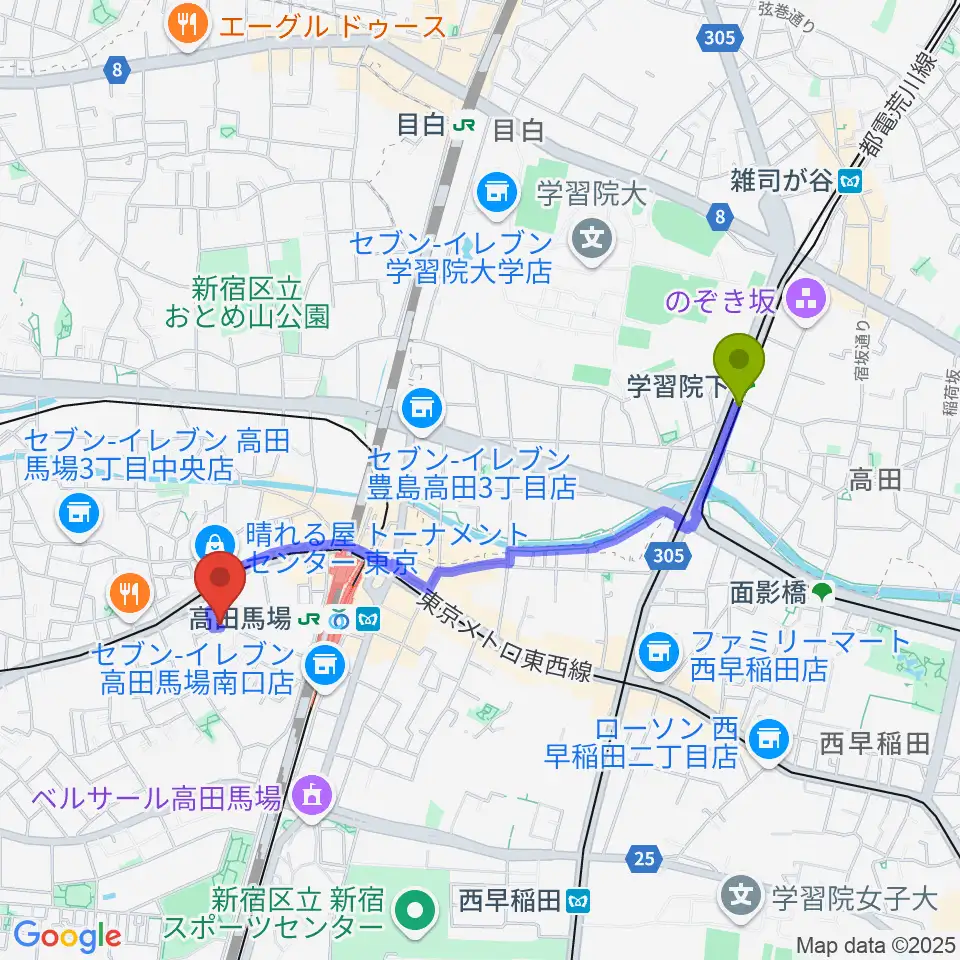 学習院下駅から音部屋スクエアへのルートマップ地図