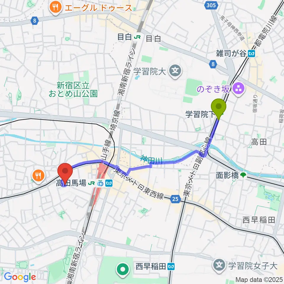 学習院下駅から音部屋スクエアへのルートマップ地図