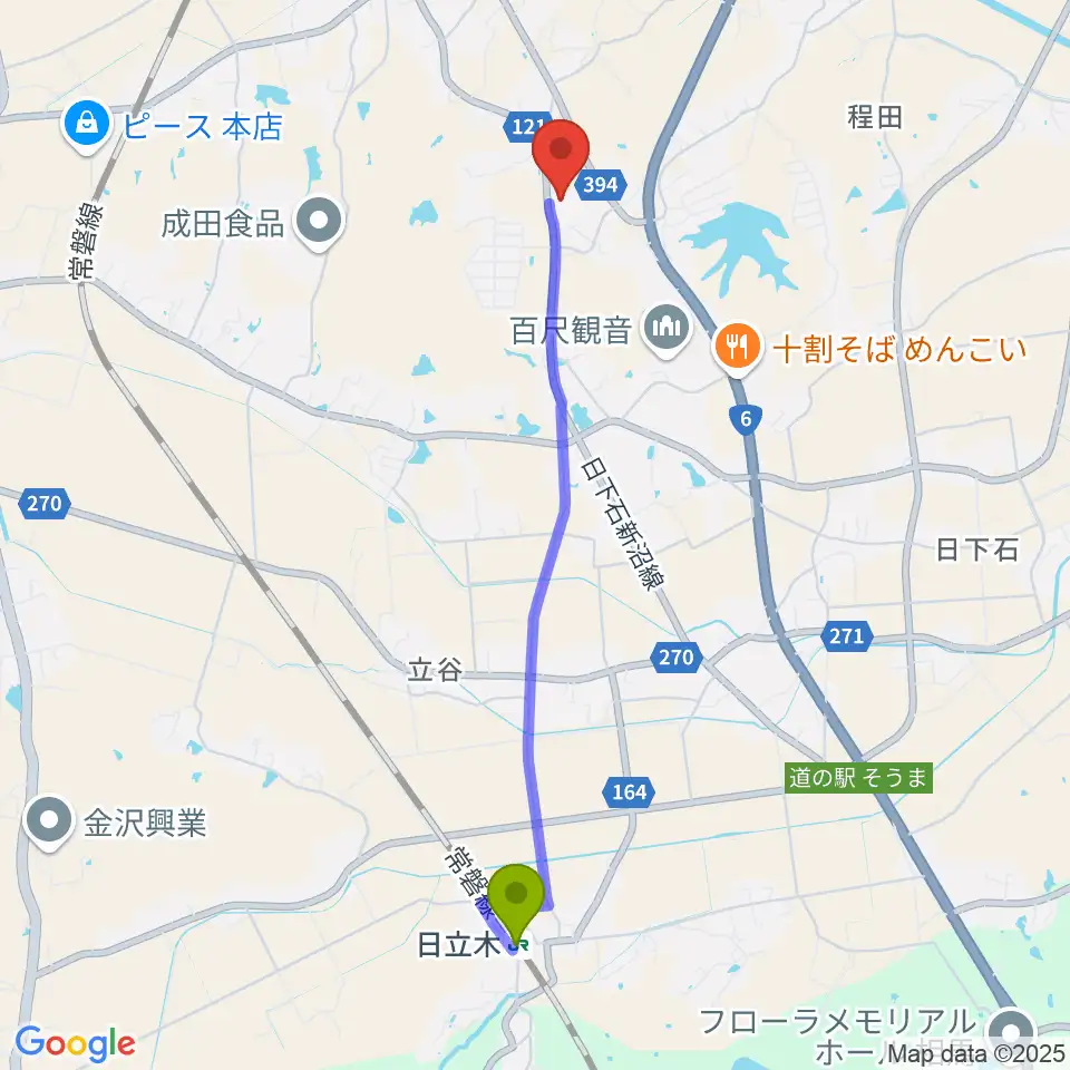 音屋ホールの最寄駅日立木駅からの徒歩ルート（約42分）地図