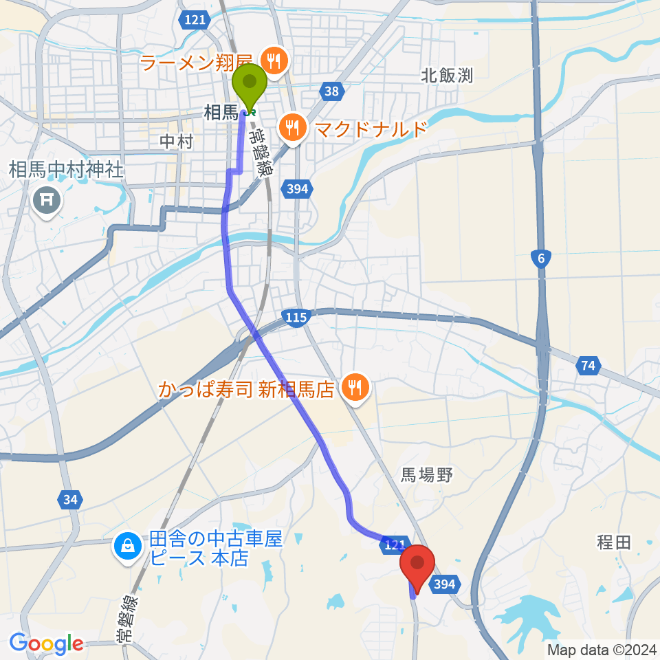 相馬駅から音屋ホールへのルートマップ地図