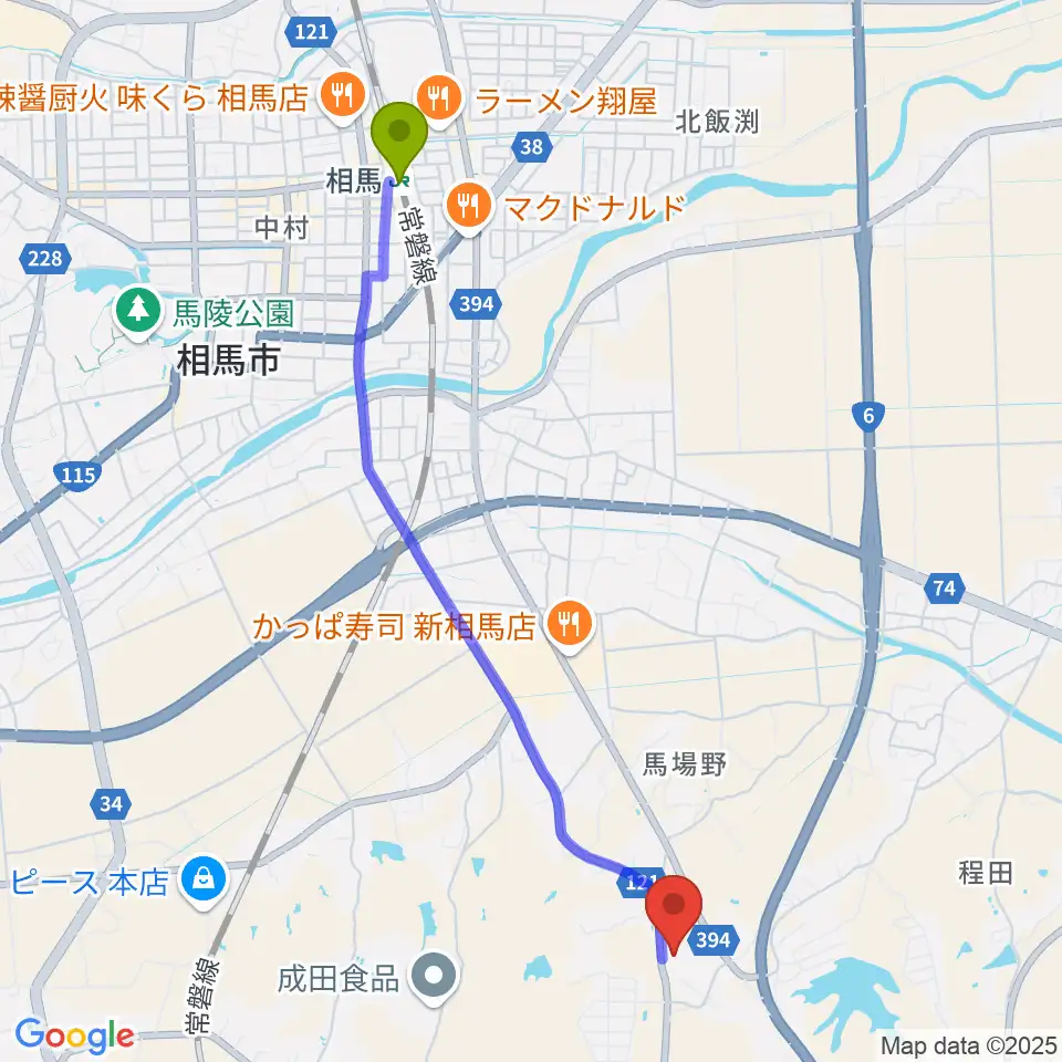 相馬駅から音屋ホールへのルートマップ地図