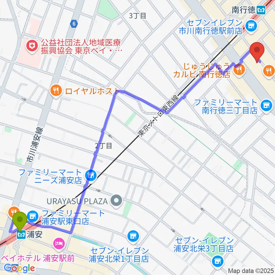 浦安駅からミュージックメソッドへのルートマップ地図