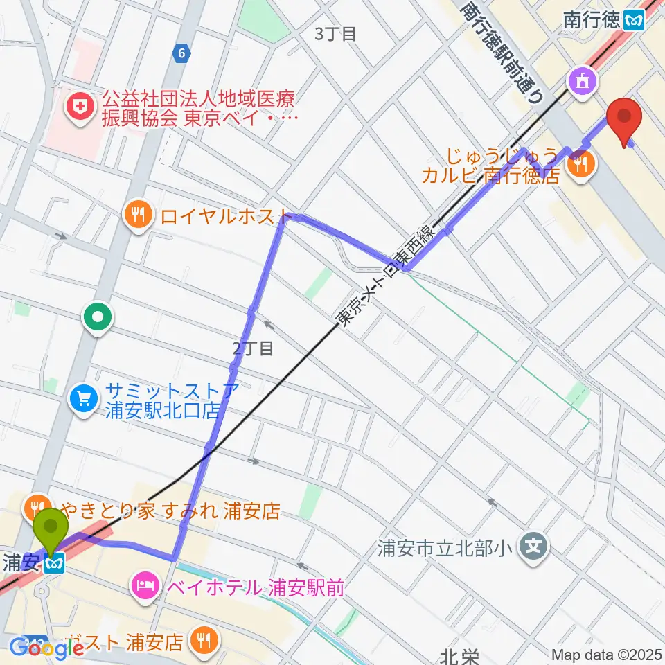 浦安駅からミュージックメソッドへのルートマップ地図