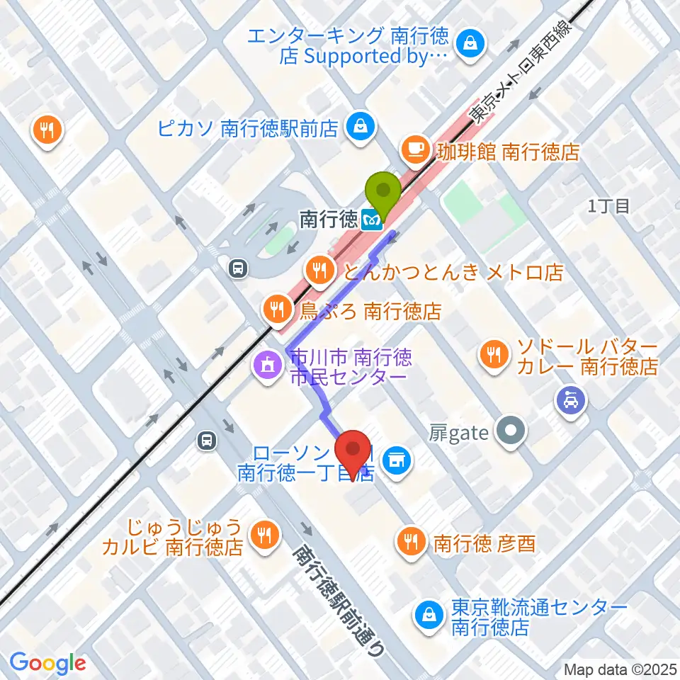 ミュージックメソッドの最寄駅南行徳駅からの徒歩ルート（約3分）地図