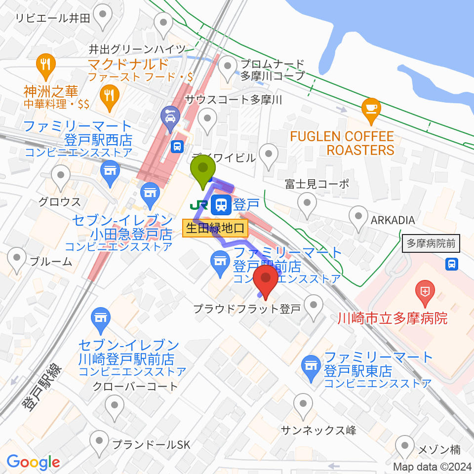 オンゴの最寄駅登戸駅からの徒歩ルート（約2分）地図