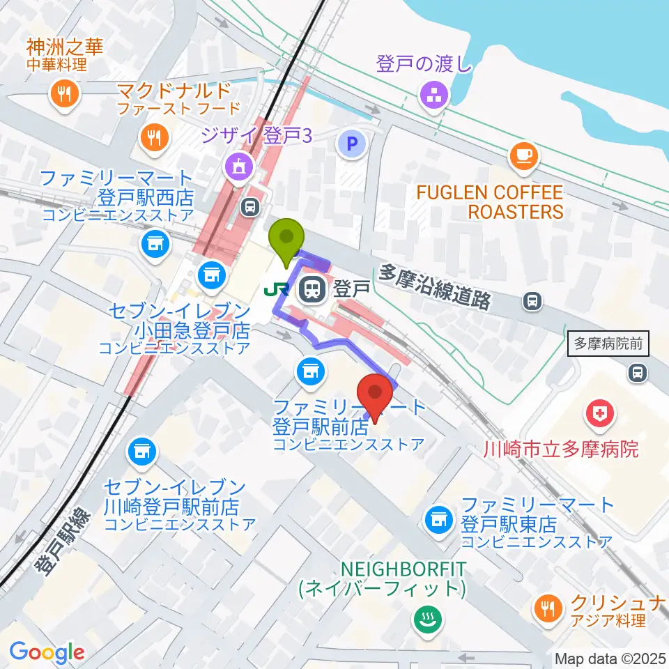 オンゴの最寄駅登戸駅からの徒歩ルート（約2分）地図