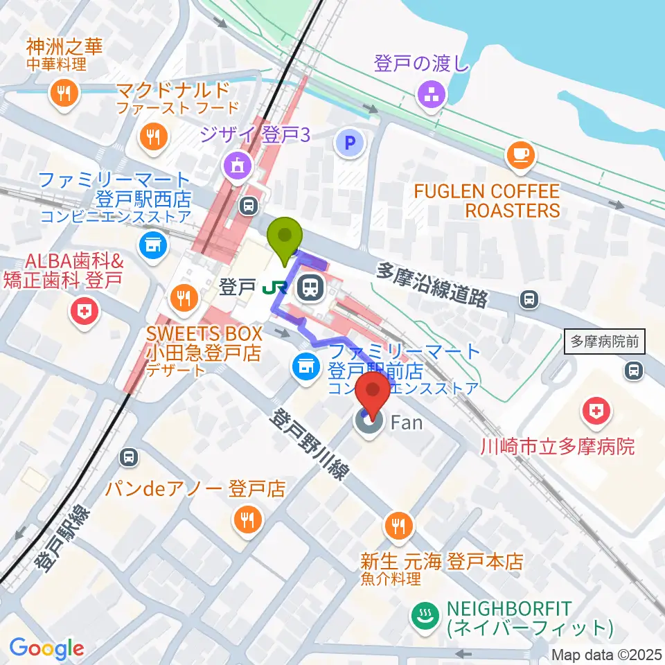 オンゴの最寄駅登戸駅からの徒歩ルート（約2分）地図