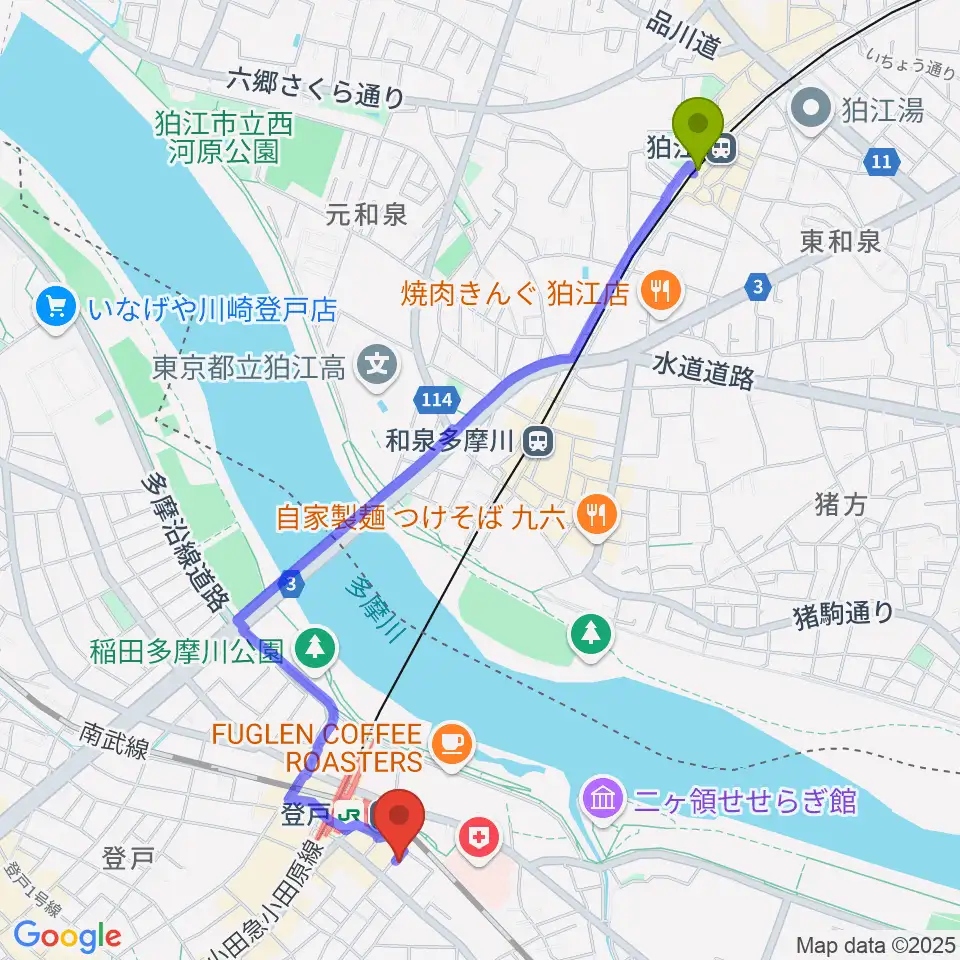 狛江駅からオンゴへのルートマップ地図