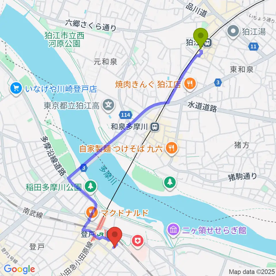 狛江駅からオンゴへのルートマップ地図