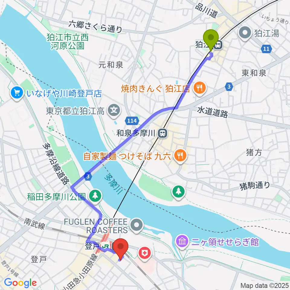 狛江駅からオンゴへのルートマップ地図