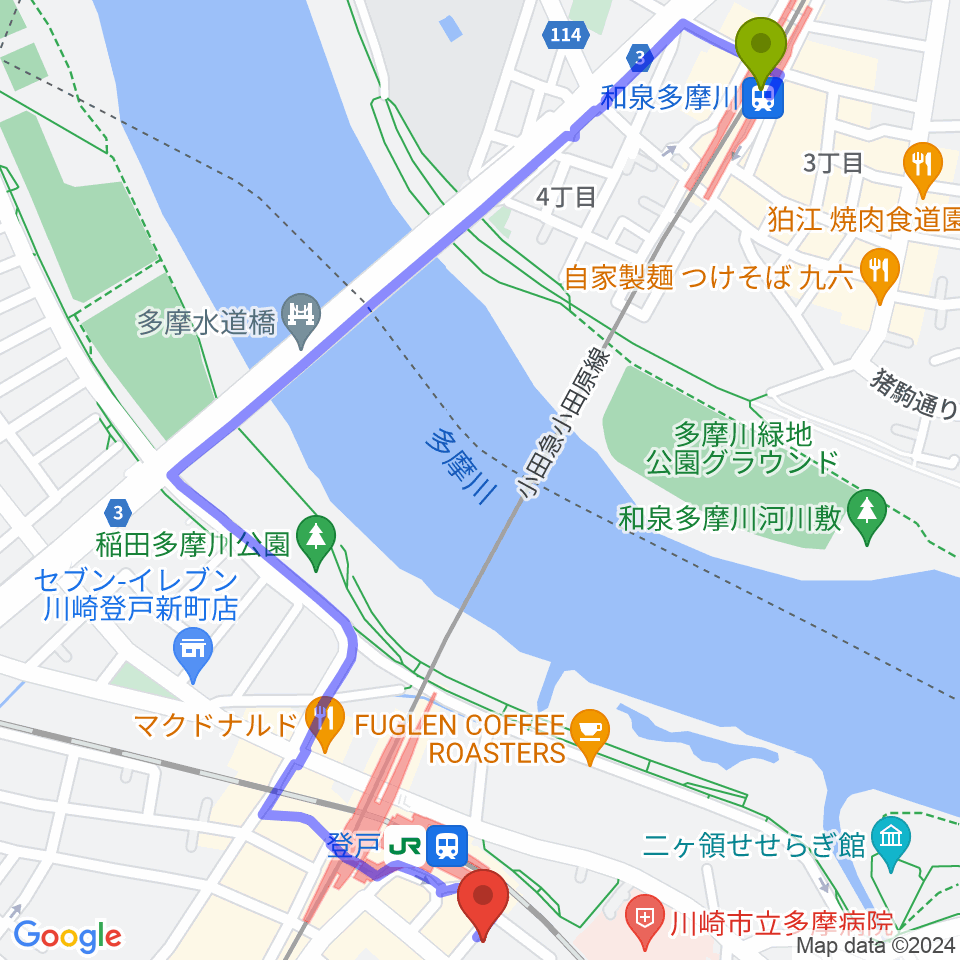 和泉多摩川駅からオンゴへのルートマップ地図