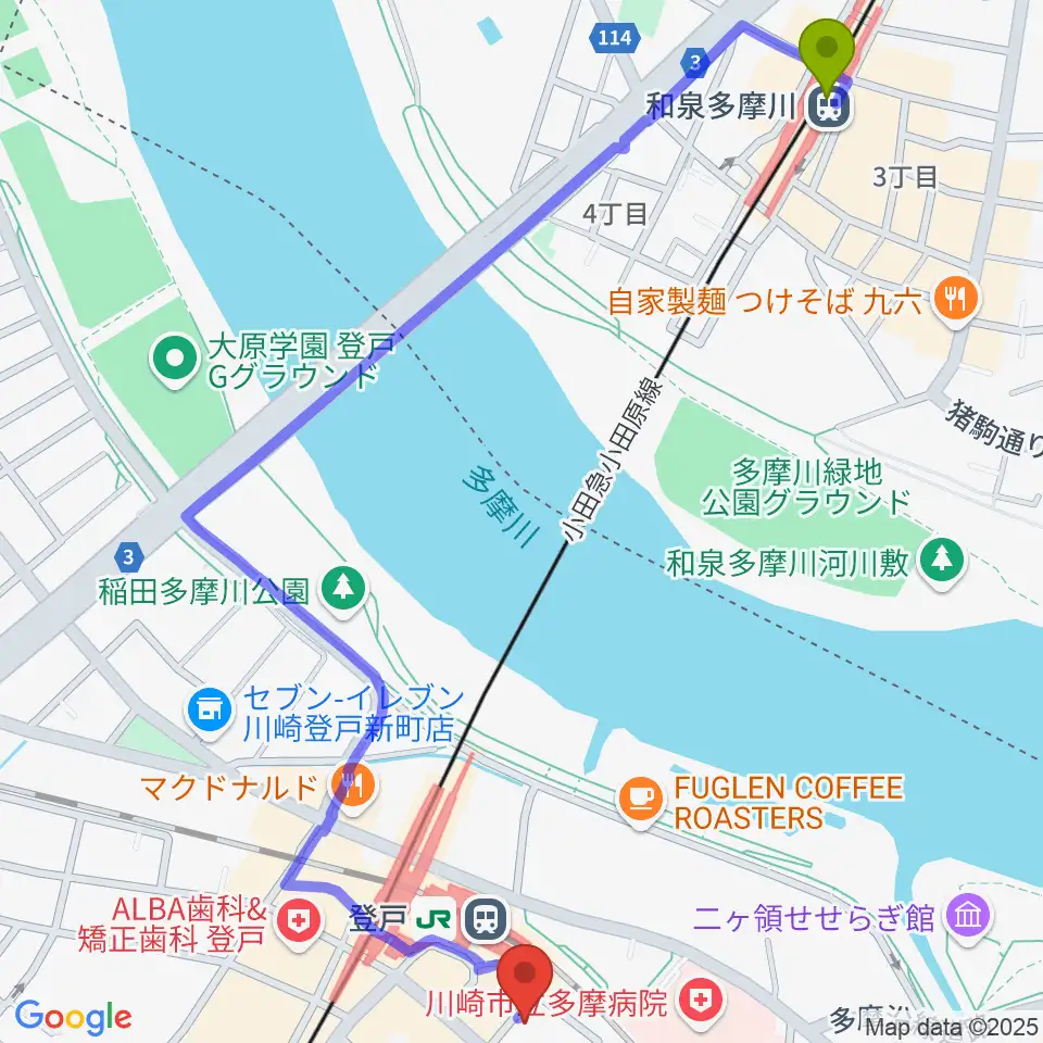 和泉多摩川駅からオンゴへのルートマップ地図