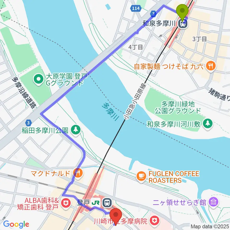 和泉多摩川駅からオンゴへのルートマップ地図