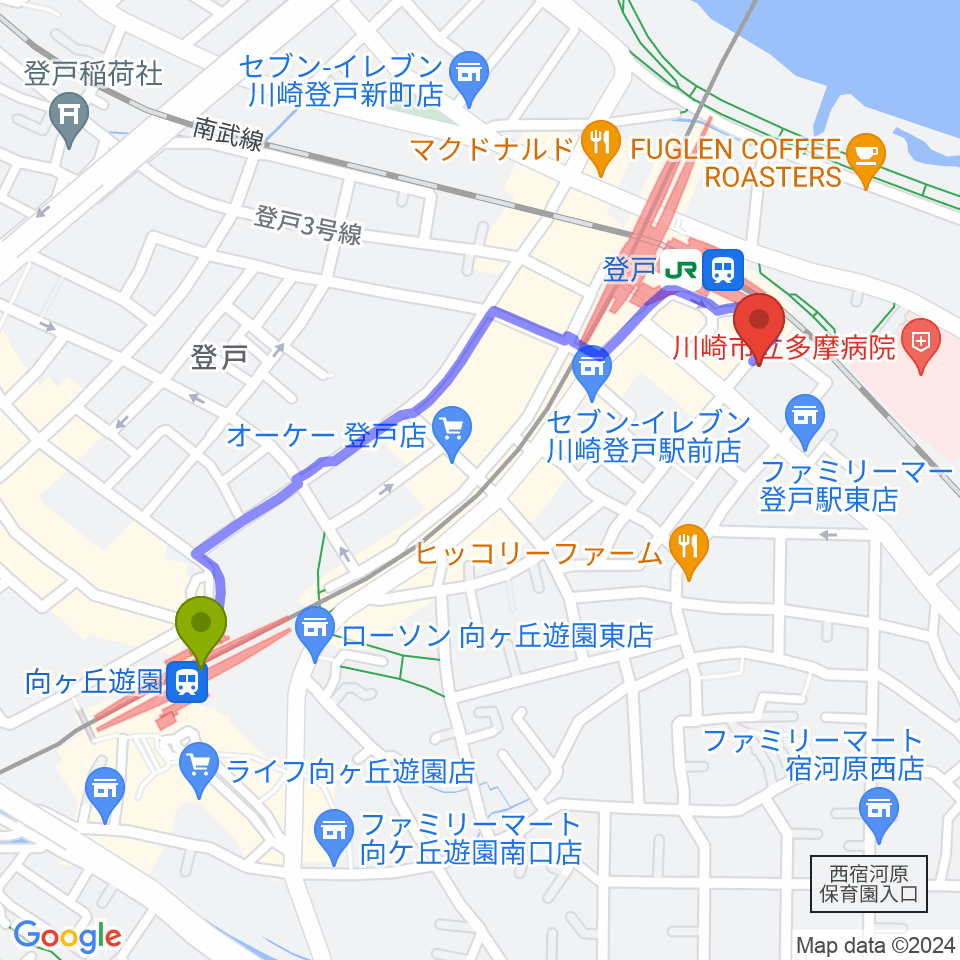 向ヶ丘遊園駅からオンゴへのルートマップ地図