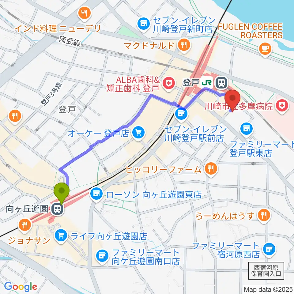 向ヶ丘遊園駅からオンゴへのルートマップ地図