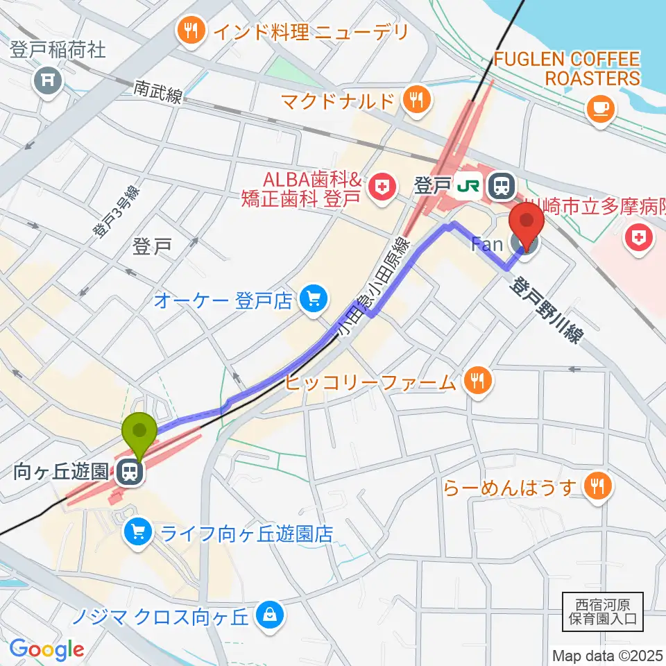 向ヶ丘遊園駅からオンゴへのルートマップ地図