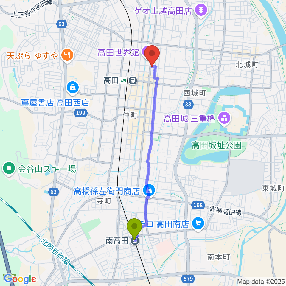 南高田駅から上越新堀ギター音楽院へのルートマップ地図