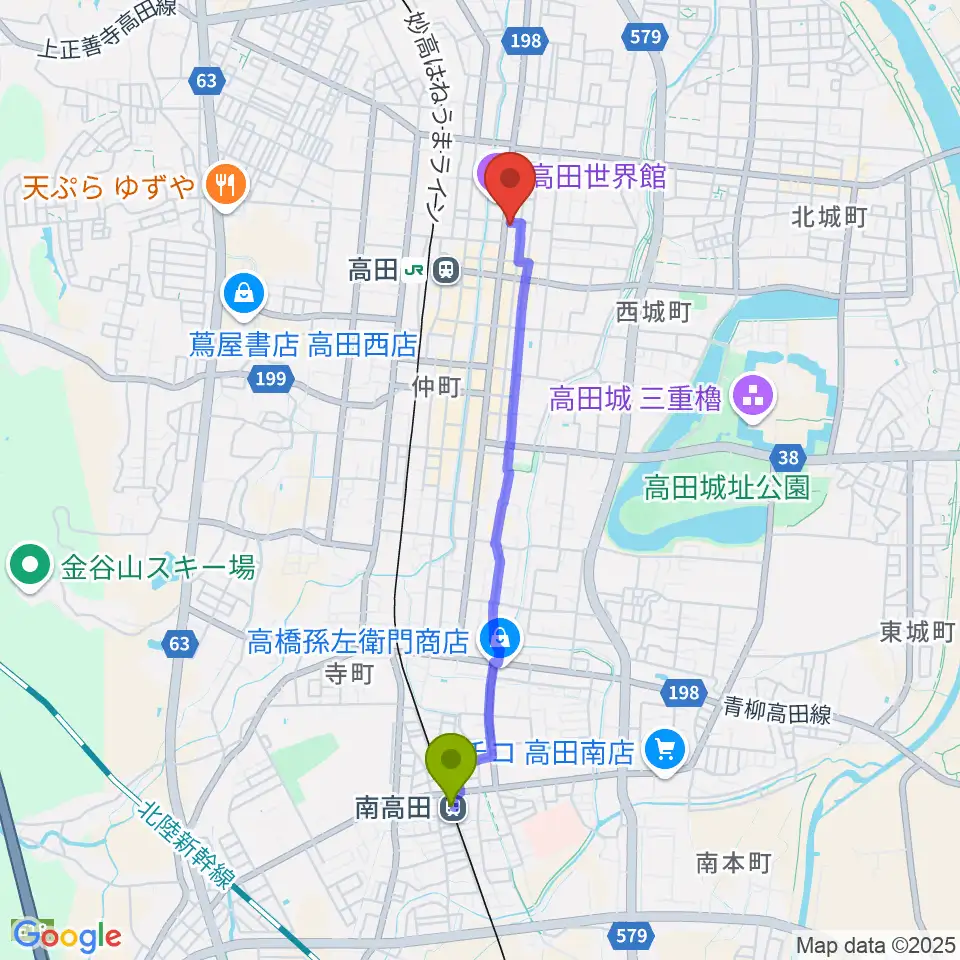 南高田駅から上越新堀ギター音楽院へのルートマップ地図