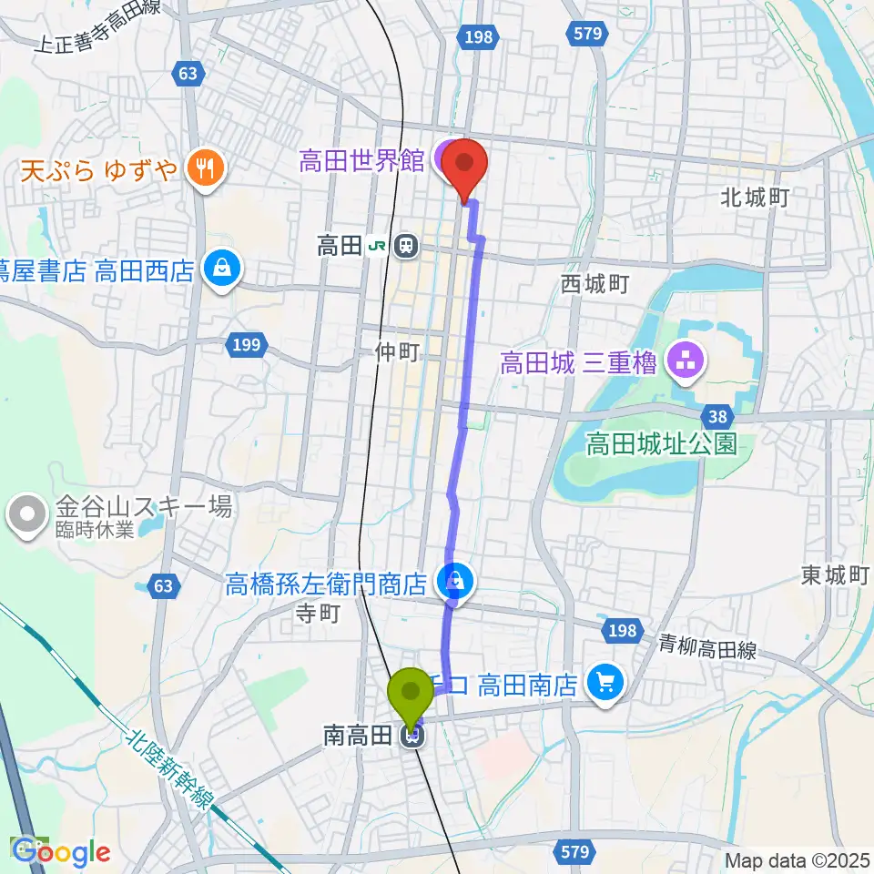 南高田駅から上越ギター教室へのルートマップ地図