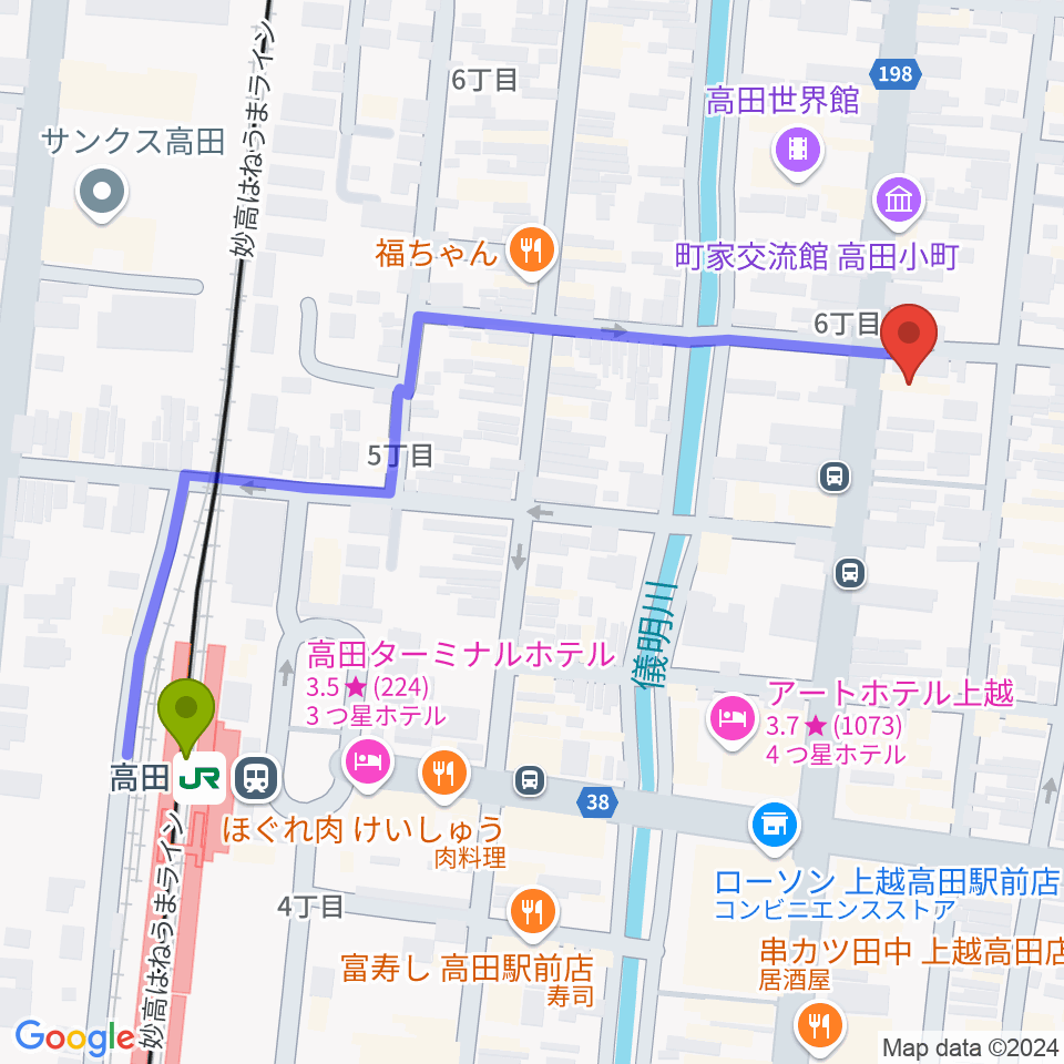 上越新堀ギター音楽院の最寄駅高田駅からの徒歩ルート（約6分）地図