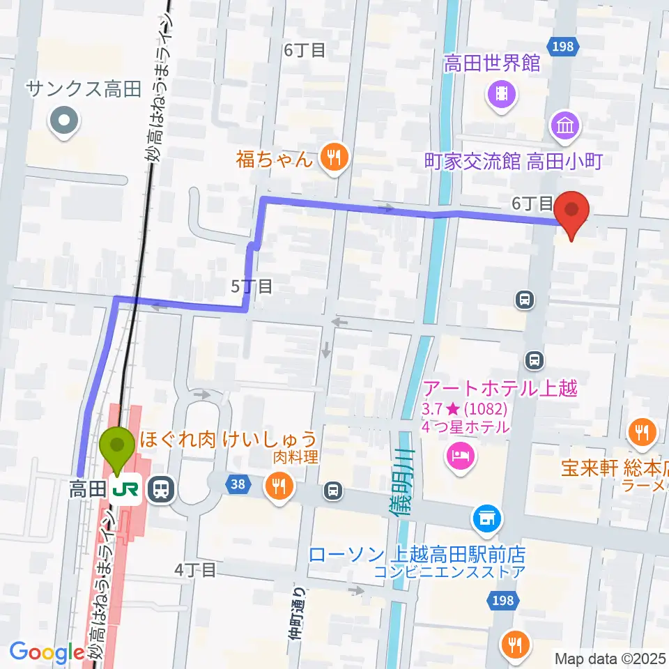 上越新堀ギター音楽院の最寄駅高田駅からの徒歩ルート（約6分）地図
