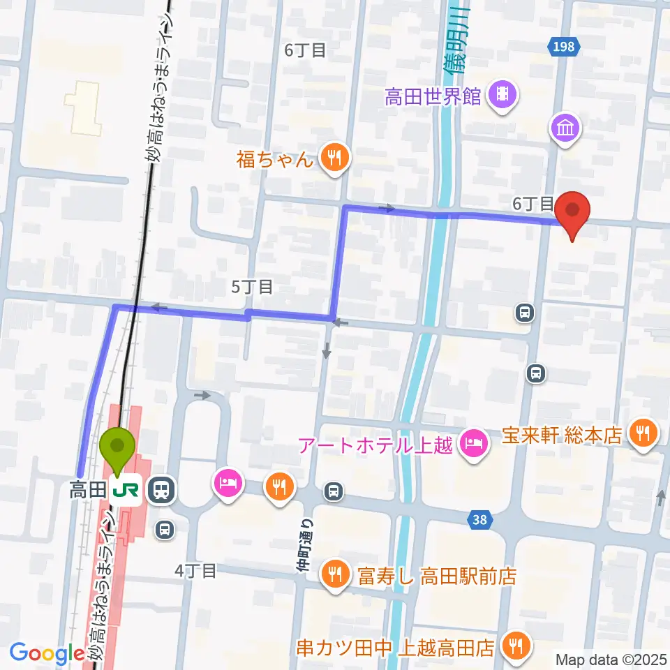 上越新堀ギター音楽院の最寄駅高田駅からの徒歩ルート（約6分）地図