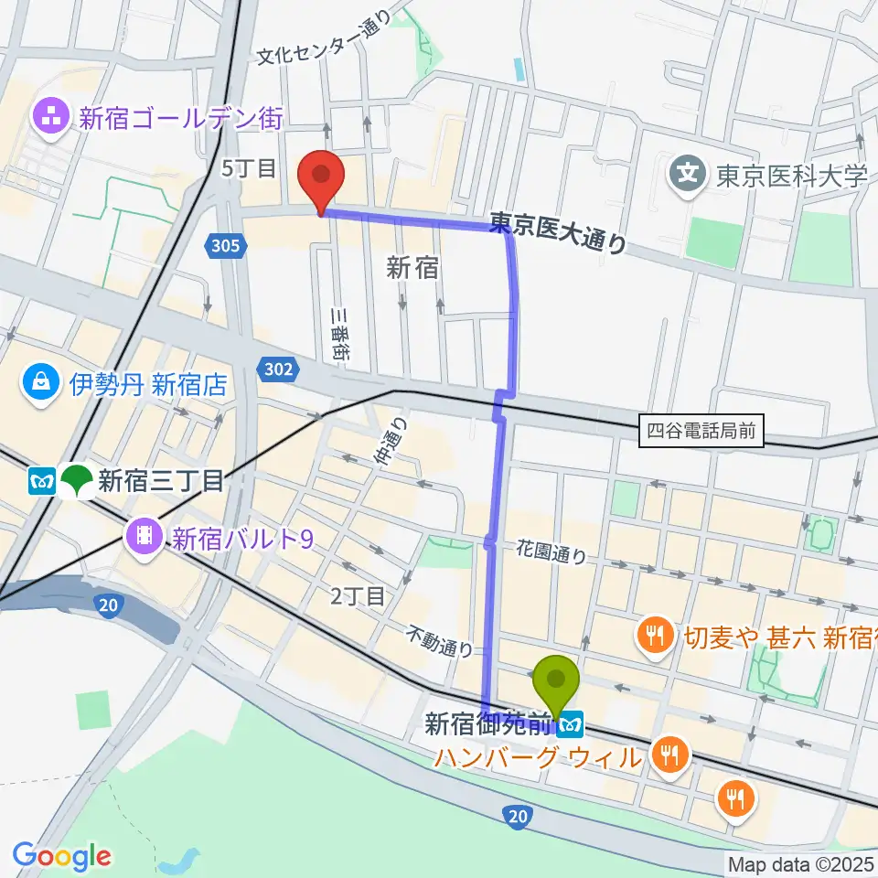 新宿御苑前駅から東京音楽院へのルートマップ地図