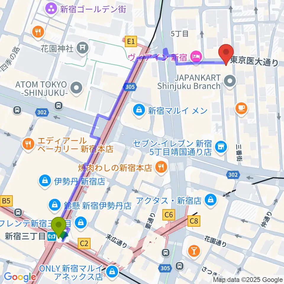 東京音楽院の最寄駅新宿三丁目駅からの徒歩ルート（約7分）地図